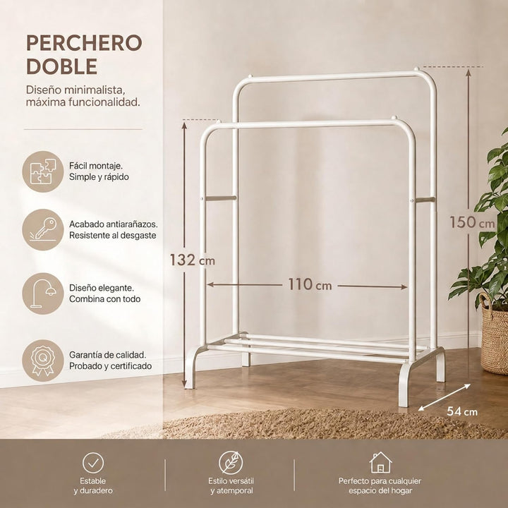 edihome, Kleiderständer, Kleiderstange, Doppelt, 110 x 150 x 54 cm, Schuhregal, Metallisch, Stabil,