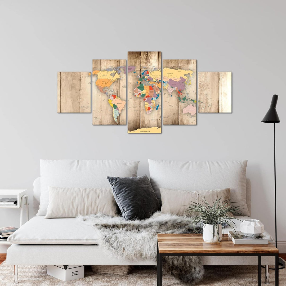 Runa Art Wandbilder Weltkarte Holz 5 Teilig Bild auf Vlies Leinwand Deko Büro Wohnzimmer Kontinente