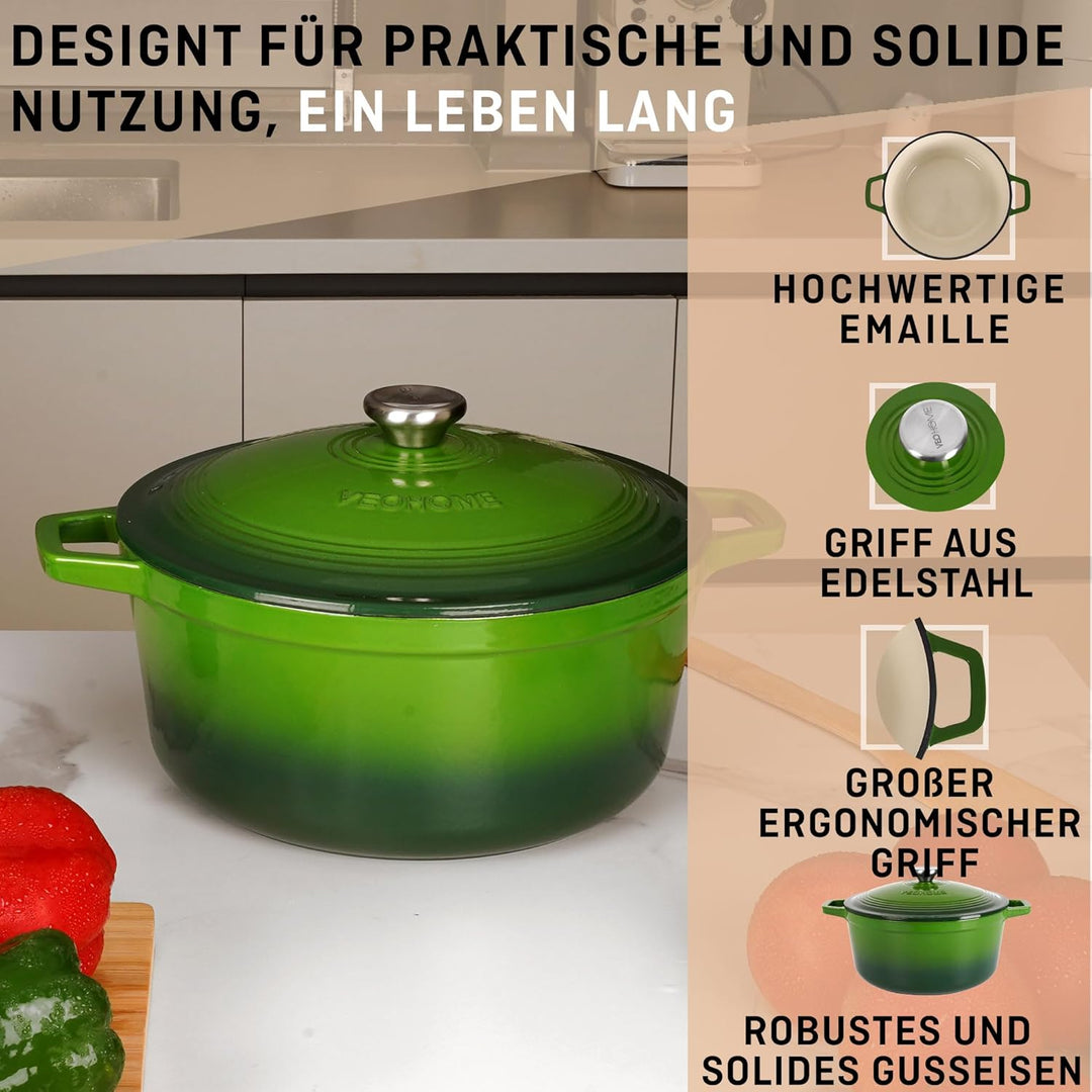 VeoHome Gusseisentopf 6L | Bräter | Gusseisen Topf Grün - Schmortopf |Bratentopf | Bratpfanne | Koch