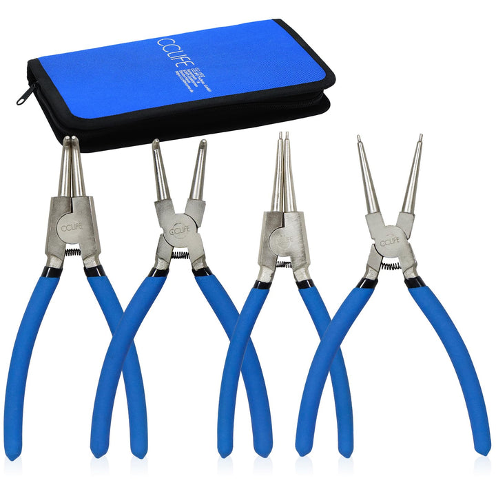 CCLIFE 4tlg Sprengringzangen Seegeringzange Set 225mm Zange Gerade & Gebogen für Sicherungsring Inne
