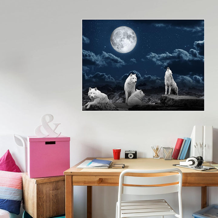 wandmotiv24 Poster als Wanddeko, Grösse 80x60cm, Wolfsrudel, Wolf, Gemälde, Mond, Wölfe, Felsen, Tie