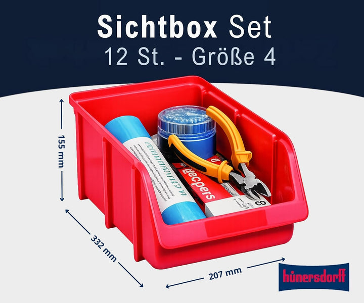 Hünersdorff 12x Sichtbox Stapelbox Lagerbox in Grösse 4, aus Polypropylen Grösse 4 Rot, Grösse 4 Rot