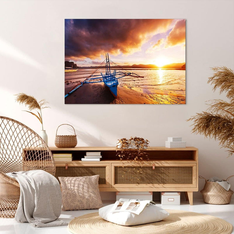 Bilder auf Leinwand 100x70cm Leinwandbild mit Rahmen Ufer Boot Strand Gross Wanddeko Bild Schlafzimm