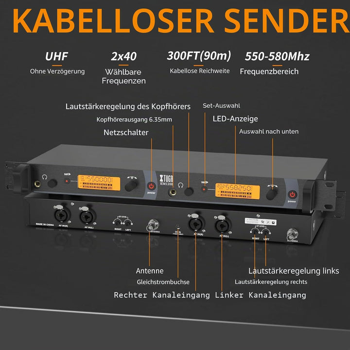 XTUGA Kabellose in-Ear-Rückgabesysteme mit Kopfhörertyp für Bühne und Gitarre, 4 Empfänger mit 2 Kan