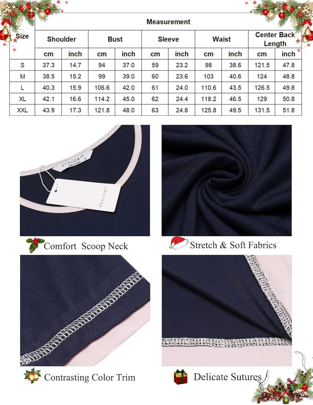 Ekouaer Damen Nachthemd Langarm Elegant Sleepshirt Weich Schlafkleid Lange Nachthemden Kontrastfarbe