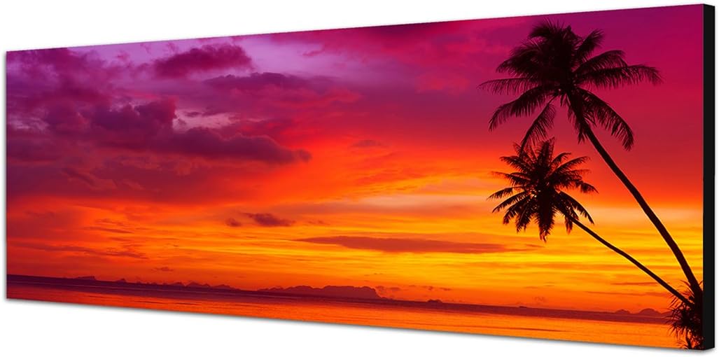 Panoramabild auf Leinwand und Keilrahmen 150x50cm Strand Meer Palmen Sonnenuntergang