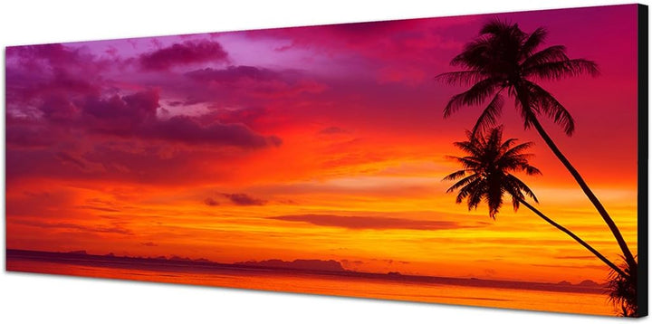 Panoramabild auf Leinwand und Keilrahmen 150x50cm Strand Meer Palmen Sonnenuntergang