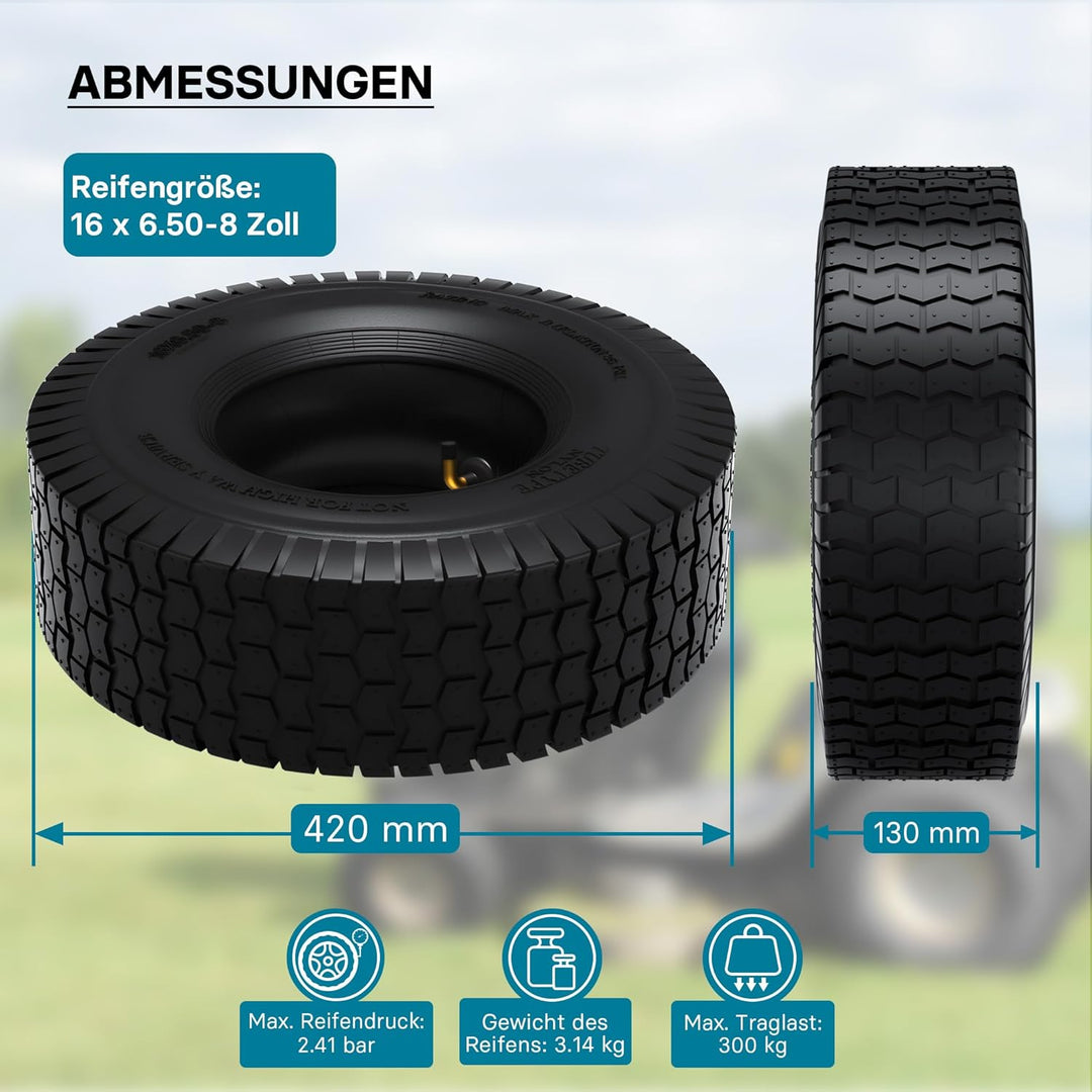 Reifen für den Aufsitzmäher 16x6.50-8 4pr mit Schlauch und Winkelventil Komplettrad Rasentraktor 16x