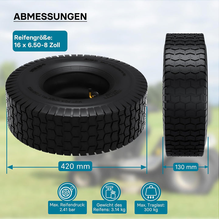 Reifen für den Aufsitzmäher 16x6.50-8 4pr mit Schlauch und Winkelventil Komplettrad Rasentraktor 16x
