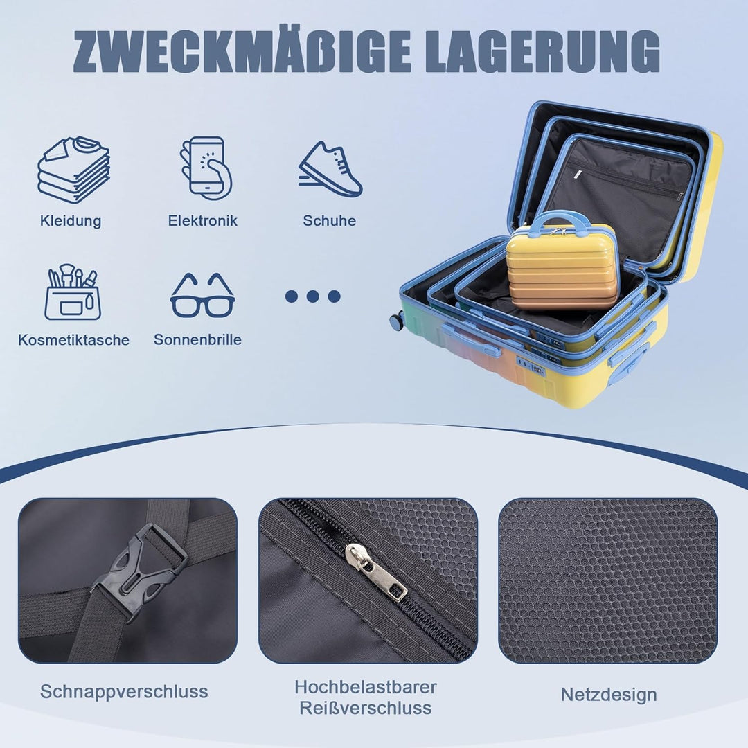 Hartschalen-Koffer Trolley Handgepäck Rollkoffer, Reisekoffer Set mit 4 Rollen, 4er Gepäckset, Blau