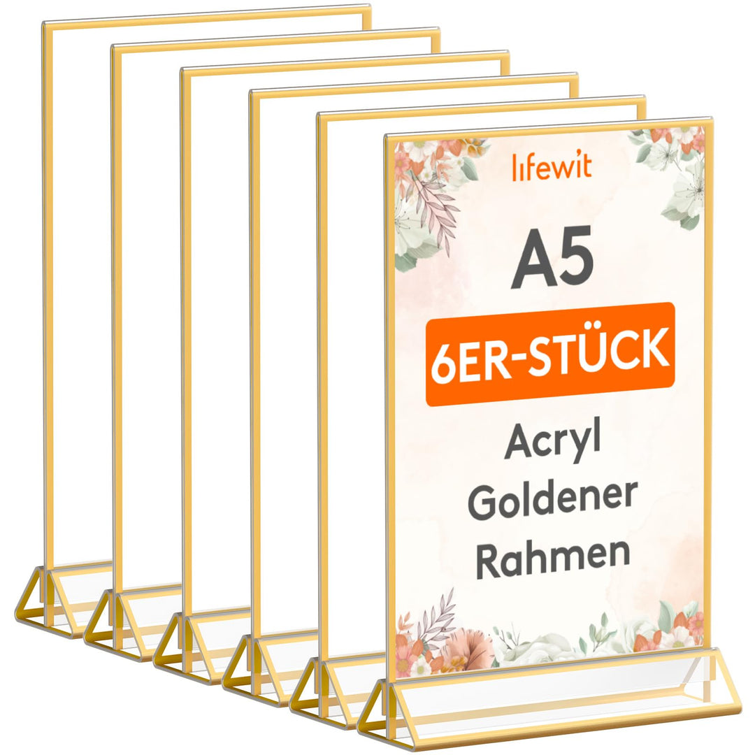 Lifewit 6 Pack A5 Acryl Schildhalter mit goldenen Rändern, klare vertikale doppelseitige Stand, Kuns