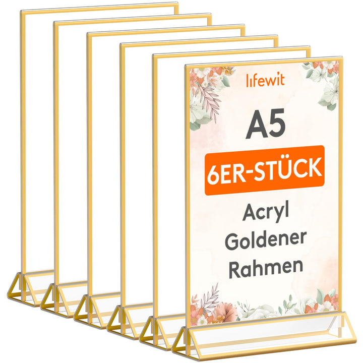 Lifewit 6 Pack A5 Acryl Schildhalter mit goldenen Rändern, klare vertikale doppelseitige Stand, Kuns