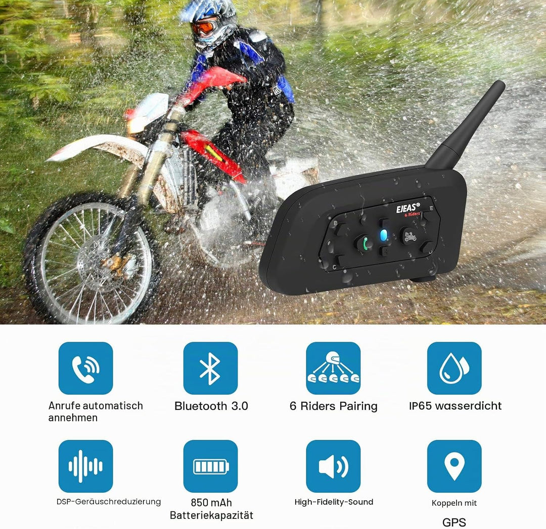 EJEAS V6 Pro Motorradhelm Bluetooth Intercom Headset 1200M 2 Personen Vollduplex Wireless Motorrad I