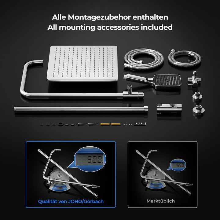 JOHO Edelstahl Duschsystem mit Regendusche ohne Armatur, 30x30 cm Chrom | Regenduschset mit Höhenver