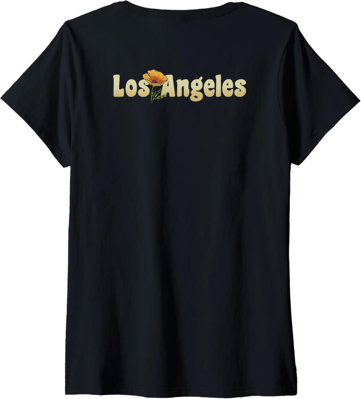 Damen Trendy Simple Poppy Los Angeles Front & Back T-Shirt mit V-Ausschnitt