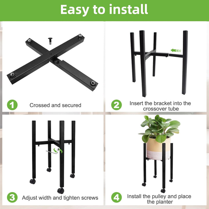Verstellbarer Pflanzenständer, Blumenständer Metall Schwarz mit 4 Umlenkrollen für 24-38 cm Verschie