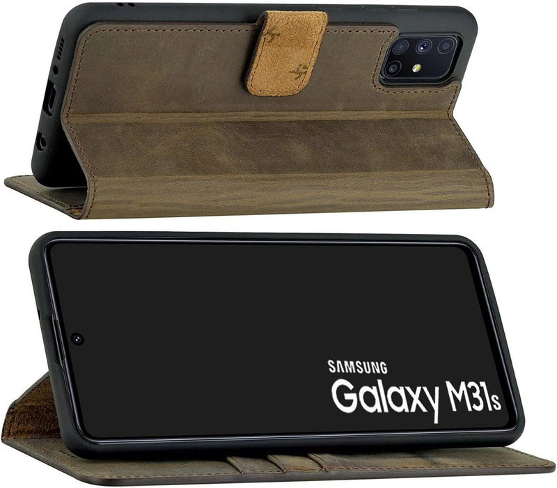 Suncase Book-Style Hülle kompatibel mit Samsung Galaxy M31s Leder Tasche (Slim-Fit) Lederhülle Handy