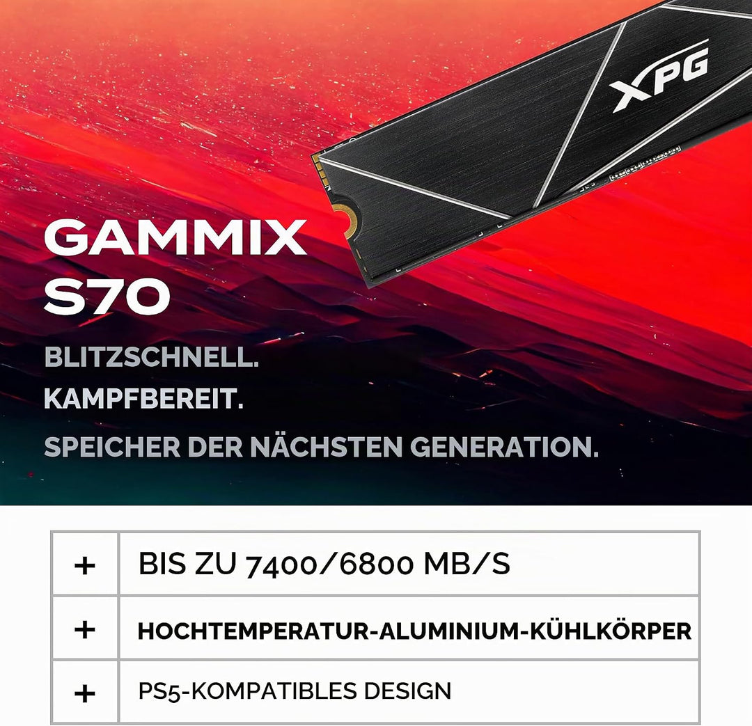 XPG ADATA GAMMIX S70 Blade 2TB PCIe Gen4x4 M.2 2280 SSD Schwarz- Heat Spreader- 3D-Grafikbearbeitung