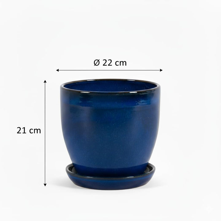 Teramico Pflanzgefäss Übertopf Blumentopf aus Steinzeug Blau mit passendem Teller/Untersetzer 23cm -