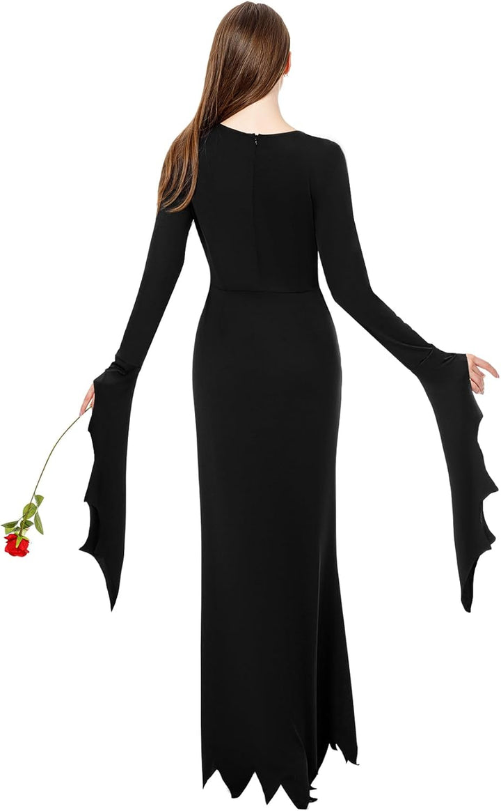 Joykindom Damen Morticia Addams Kostüm Karneval Hexenkleid Gothic Addams Kostüm Schwarz Lange Kleid