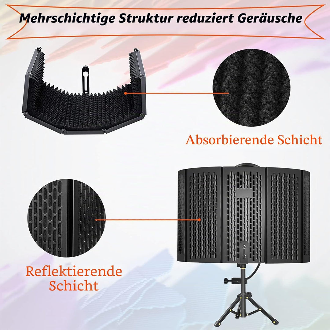 Mikrofon Isolation Schallschutz mit Stativ, 5 Seiten Faltbar Absorbierender Schaumschicht Micscreen