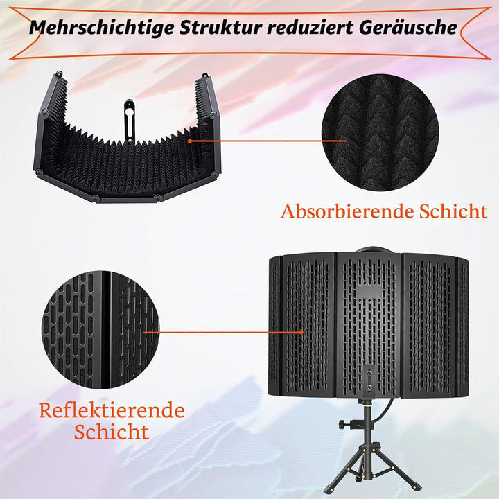 Mikrofon Isolation Schallschutz mit Stativ, 5 Seiten Faltbar Absorbierender Schaumschicht Micscreen