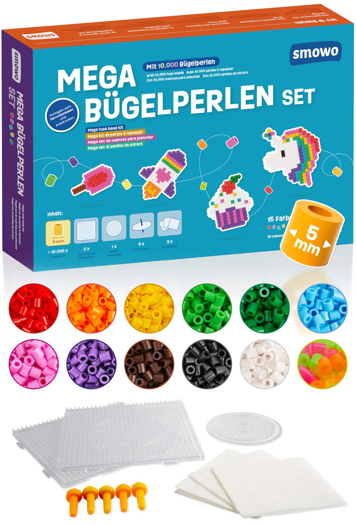 Smowo® 10.000 Bügelperlen Set inkl. 15 Farben, Steckplatten und Zubehör - 5mm Perlen Basteln Box - P