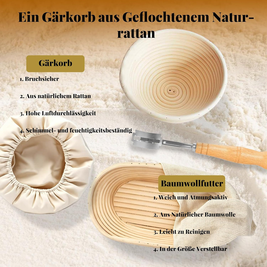 Sauerteig Starter Set mit 2 Gärkörbchen Natürlichem Rattan (25cm Ovale & 23cm Runde) 900ml Glasgefäs