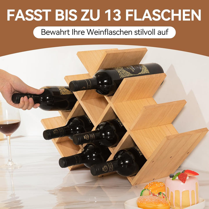 KIRIGEN hölzernes 13-Flaschen-Weinregal, 4-stufiges Holz-Wein-Displayregal, Stand- und Theken-Weinau