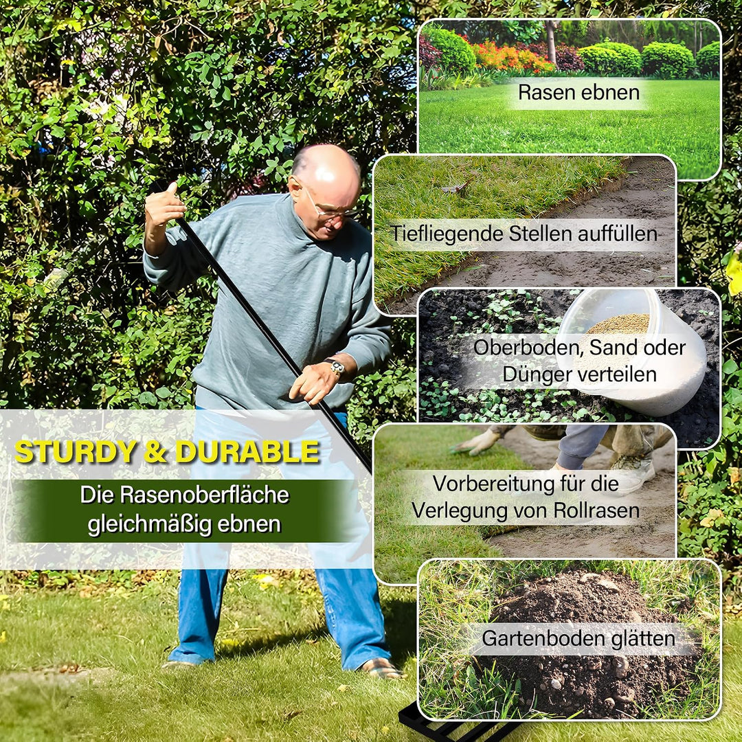 Garten Rasen-Nivellierungsrechen XXL,Edelstahl-Ebnungsplatte, Verstärkte Schweissnähte, 68-198 cm Ve