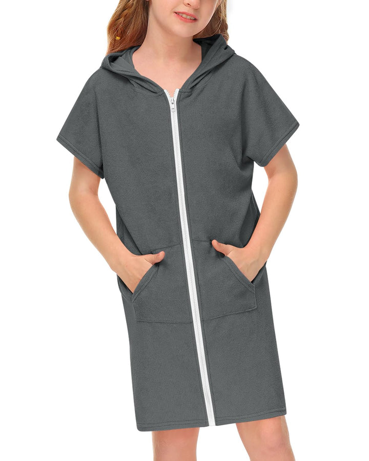 BesserBay Mädchen Badeponcho Kapuze Poncho mit Taschen Zip Cover Up Kinder Unisex 120-160 120 Dunkel