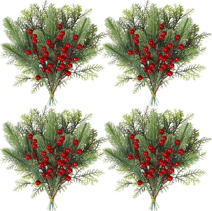 Famibay 36 Stück Tannenzweige Künstlich Rote Beeren Zweige Tannenzweige Weihnachten Kiefernzweige Ku