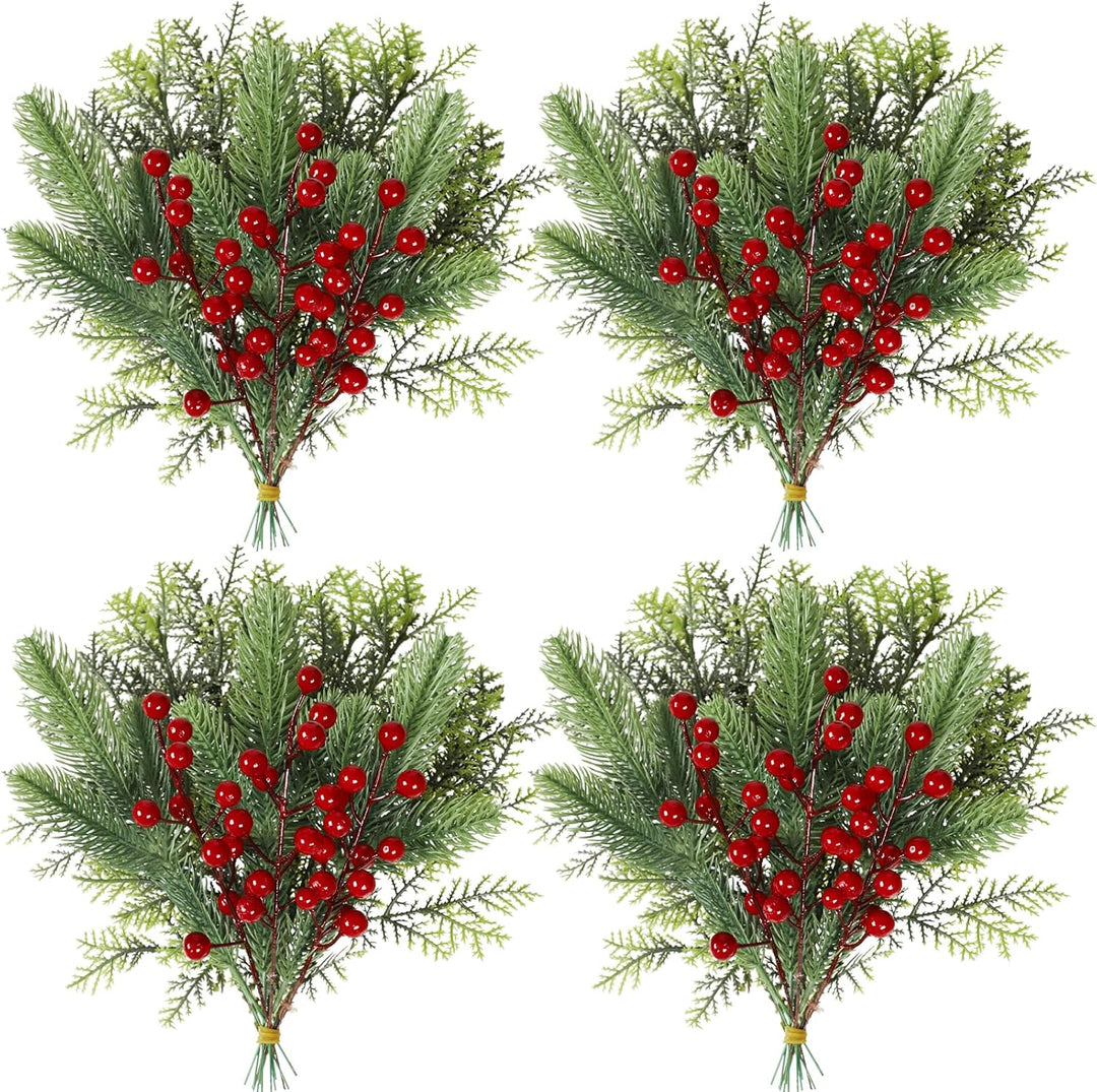 Famibay 72 Stück Tannenzweige Künstlich Rote Beeren Zweige Tannenzweige Weihnachten Kiefernzweige Kü