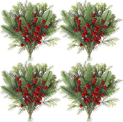 Famibay 36 Stück Tannenzweige Künstlich Rote Beeren Zweige Tannenzweige Weihnachten Kiefernzweige Ku