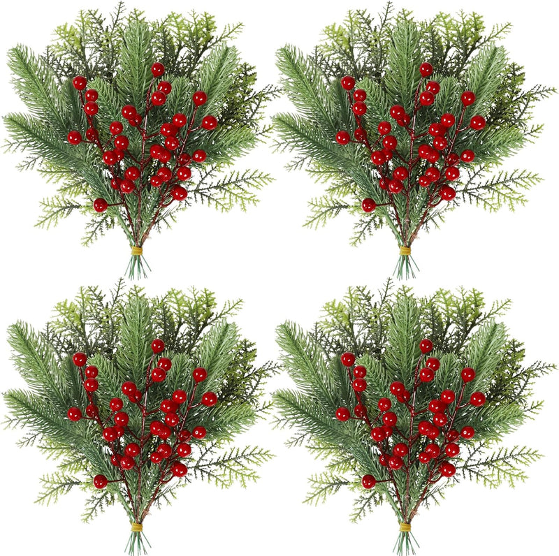 Famibay 36 Stück Tannenzweige Künstlich Rote Beeren Zweige Tannenzweige Weihnachten Kiefernzweige Ku