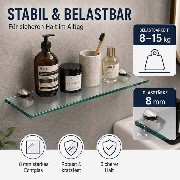 Randaco 2X Glasablage Glasregal, Glas Glasablage Klarglas mit Wandhalterung&amp;8mm ESG Sicherheitsglas