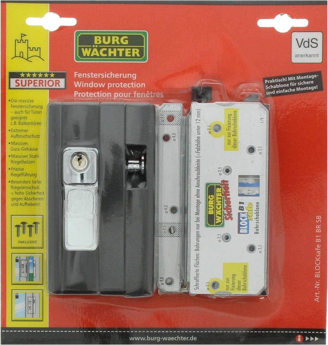 Burg-Wächter, Massive Fenstersicherung, VDs-anerkannt, Präzisions-Zylinderschliesswerk, BlockSafe B1