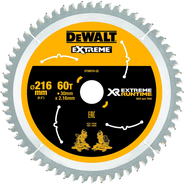 Dewalt XR Extreme Runtime Kreissägeblatt DT99570 (216/30 mm, 60 WZ/FZ, 7°, für extra feine Schnitte,