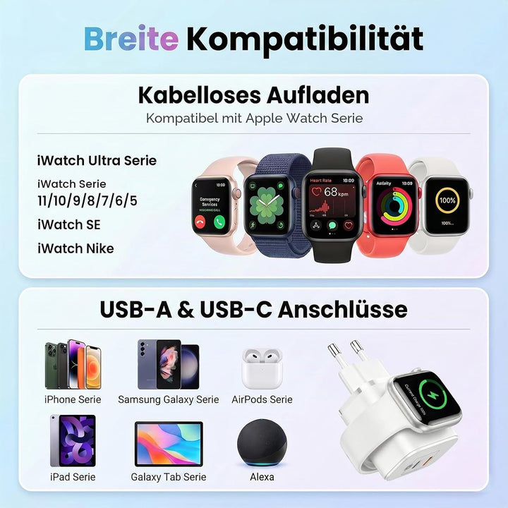 Ladegerät für Apple Watch, 3-in-1 20W USB C iPhone Ladegerät PD Schnellladegerät, USB C Netzteil mit