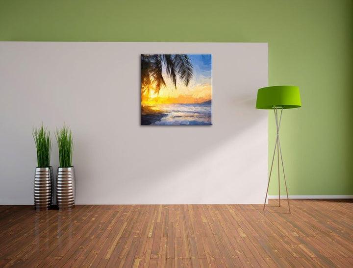 Pixxprint Romantischer Karibikstrand Pinsel Effekt, Format: 70x70 auf Leinwand, 70x70