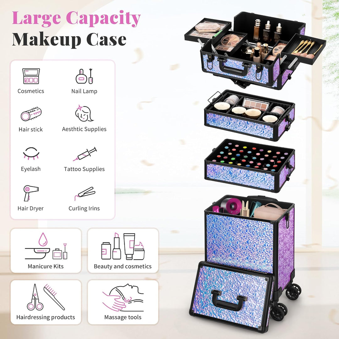 Arous 5-in-1-Kosmetik-Trolley mit Rollen, Abschliessbar, für Reisen, Friseure, Künstler, Nägel, Viol