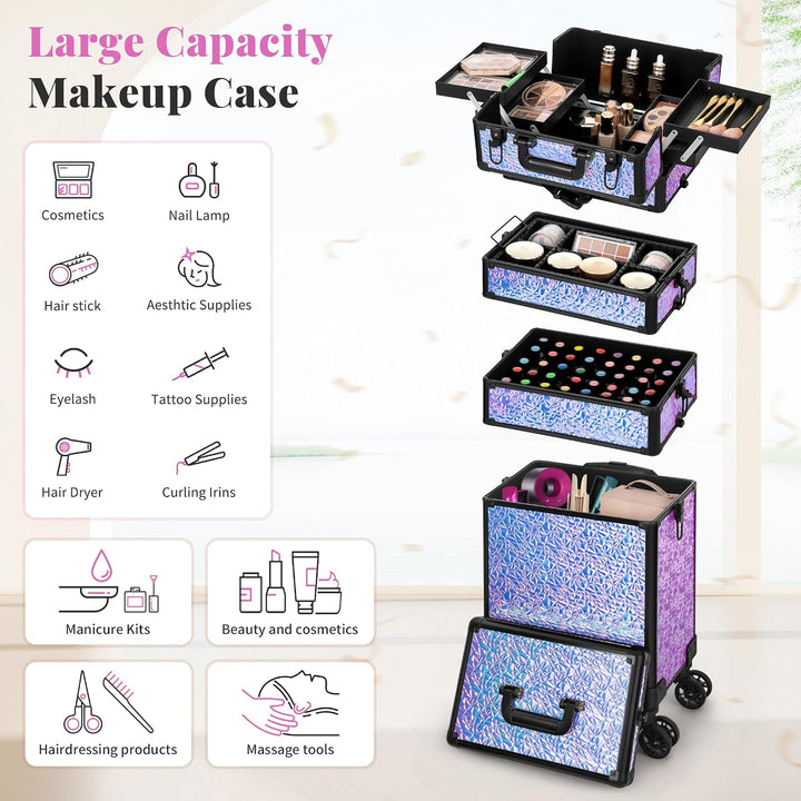 Arous 5-in-1-Kosmetik-Trolley mit Rollen, Abschliessbar, für Reisen, Friseure, Künstler, Nägel, Viol