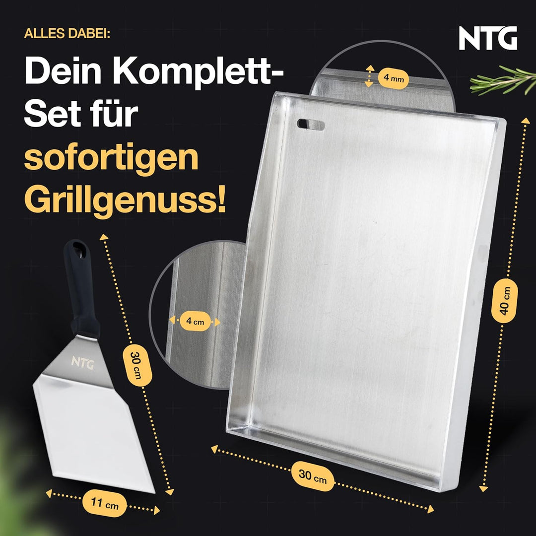 NTG - Grillplatte aus 4mm rostfreiem Edelstahl [40 x 30cm] - Plancha mit Fettablauf und Grillspachte