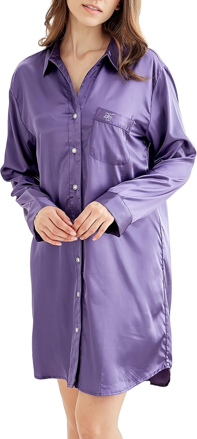 Nachthemd Damen, Satin Nachtkleid Langarm Nachtwäsche mit Knopfleiste Schlafhemd Freizeitkleidung Vi
