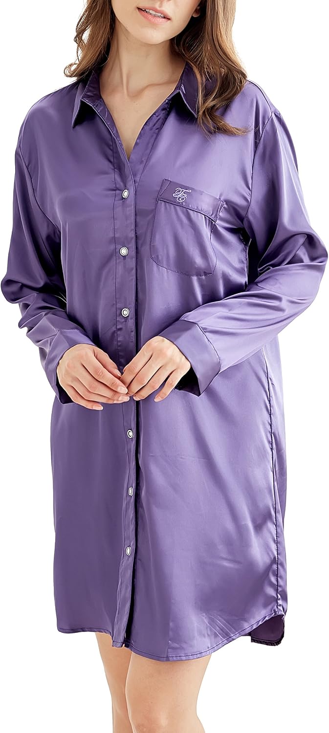 Nachthemd Damen, Satin Nachtkleid Langarm Nachtwäsche mit Knopfleiste Schlafhemd Freizeitkleidung Vi