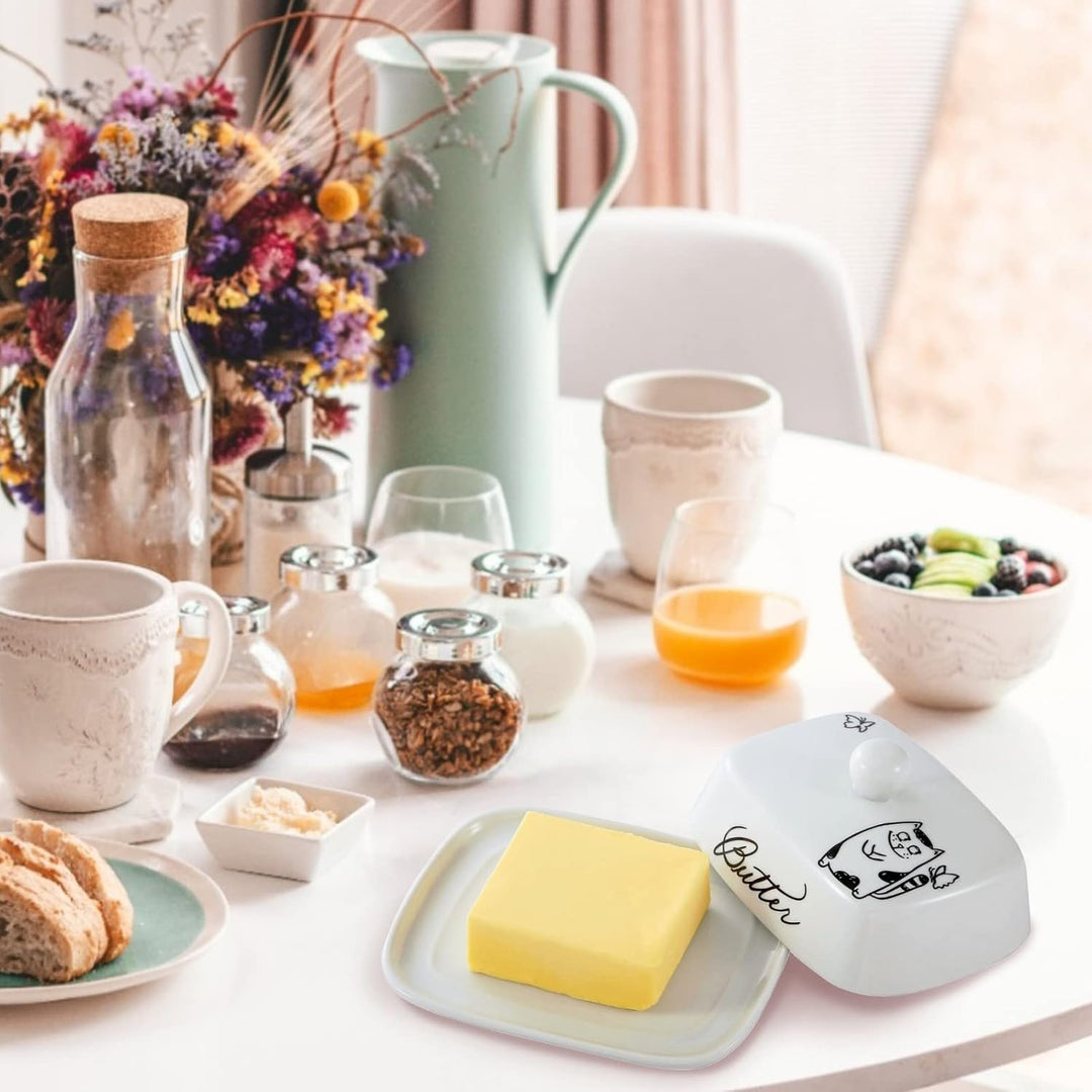 Butterdose mit Griff für 250g Butter, Hochwertige Keramik, Weiss mit Schwarzem Katzenmuster, Porzell
