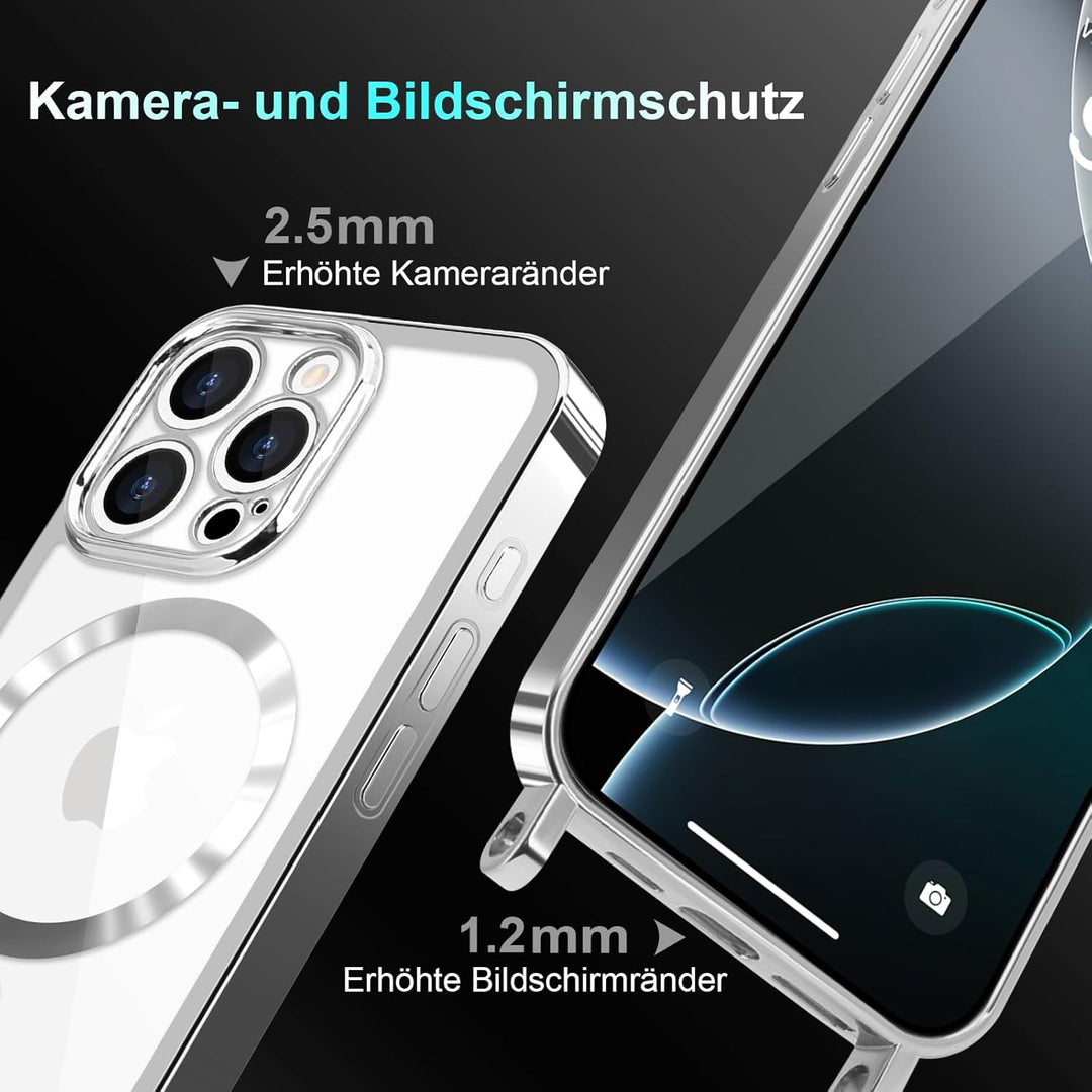 Ethanger Handykette für iPhone 16 Pro Max Hülle mit Band + 2 Stück Glas Schutzfolie Transparent Sili