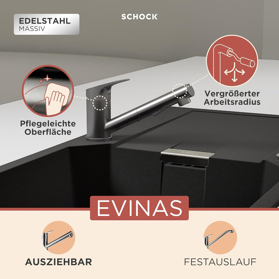 SCHOCK Küchenarmatur Evinas Edelstahl – Hochdruck Armatur mit ausziehbarer Schlauch-Brause und Umsch