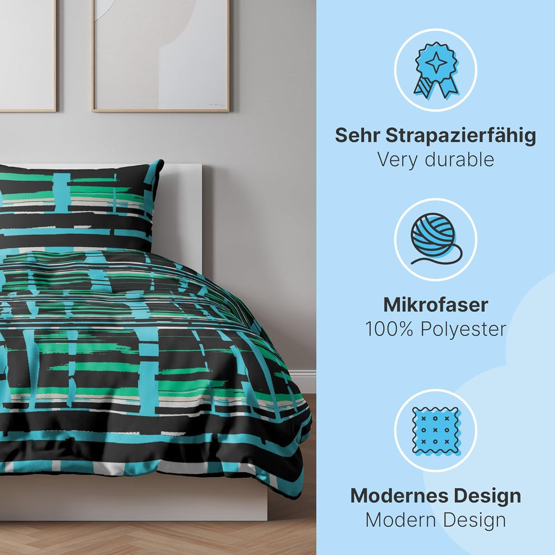 etérea Microfaser Bettwäsche Mance Streifen 200x220 3er Set - Bügelfrei mit Reissverschluss - Allerg