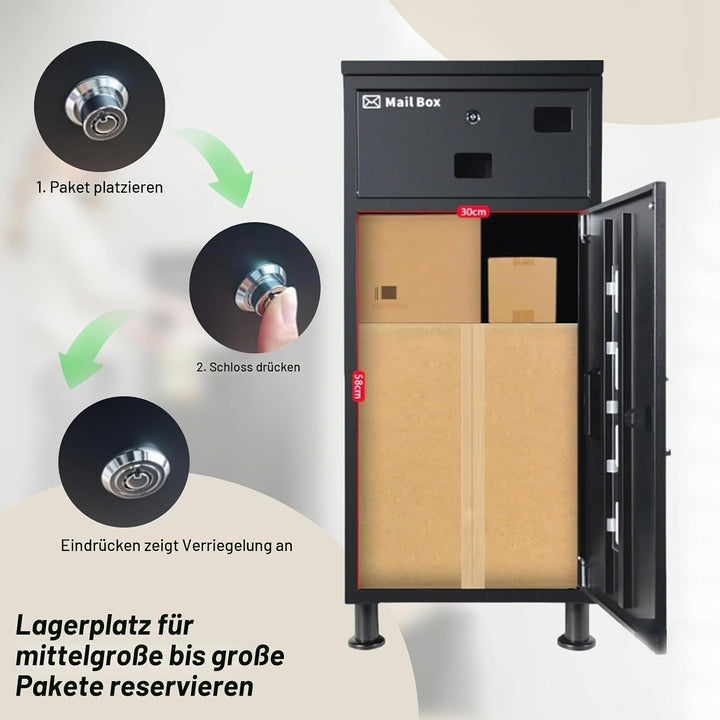 MOZIMOI Paketbox draussen gross XXL, getr. Fächer, Standfüsse 8‑20 cm variabel, schützt Pakete vor S